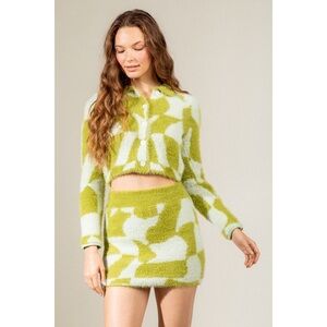 Very J Women's Coord Set Button Down Jacket Mini Skirt Green White Size S NWT